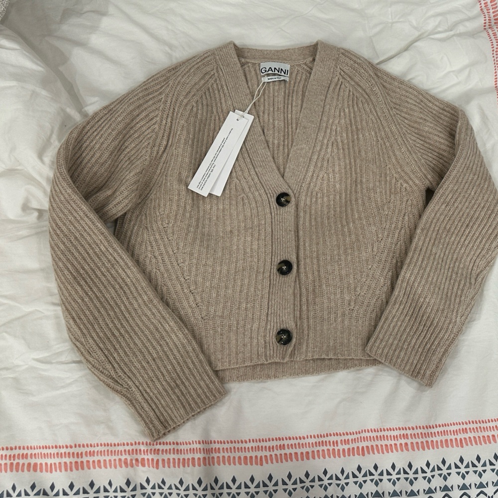 Ganni Rib Knit V-Neck Button Cardigan